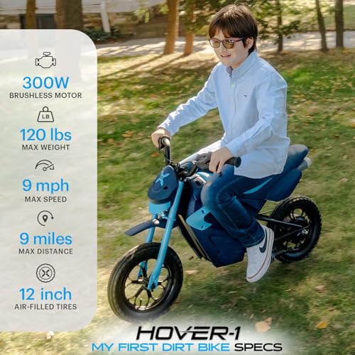 Hover-1 My First Dirt Bike for Kids - 300W Motor, 9MPH Max Speed, 9 Mile Range, 12” Off-Road Tires, 120LB Max Weight, Twist Grip Throttle & Rear Disc Brake Electric Dirt Bike for Kids Ages 5+ Years
