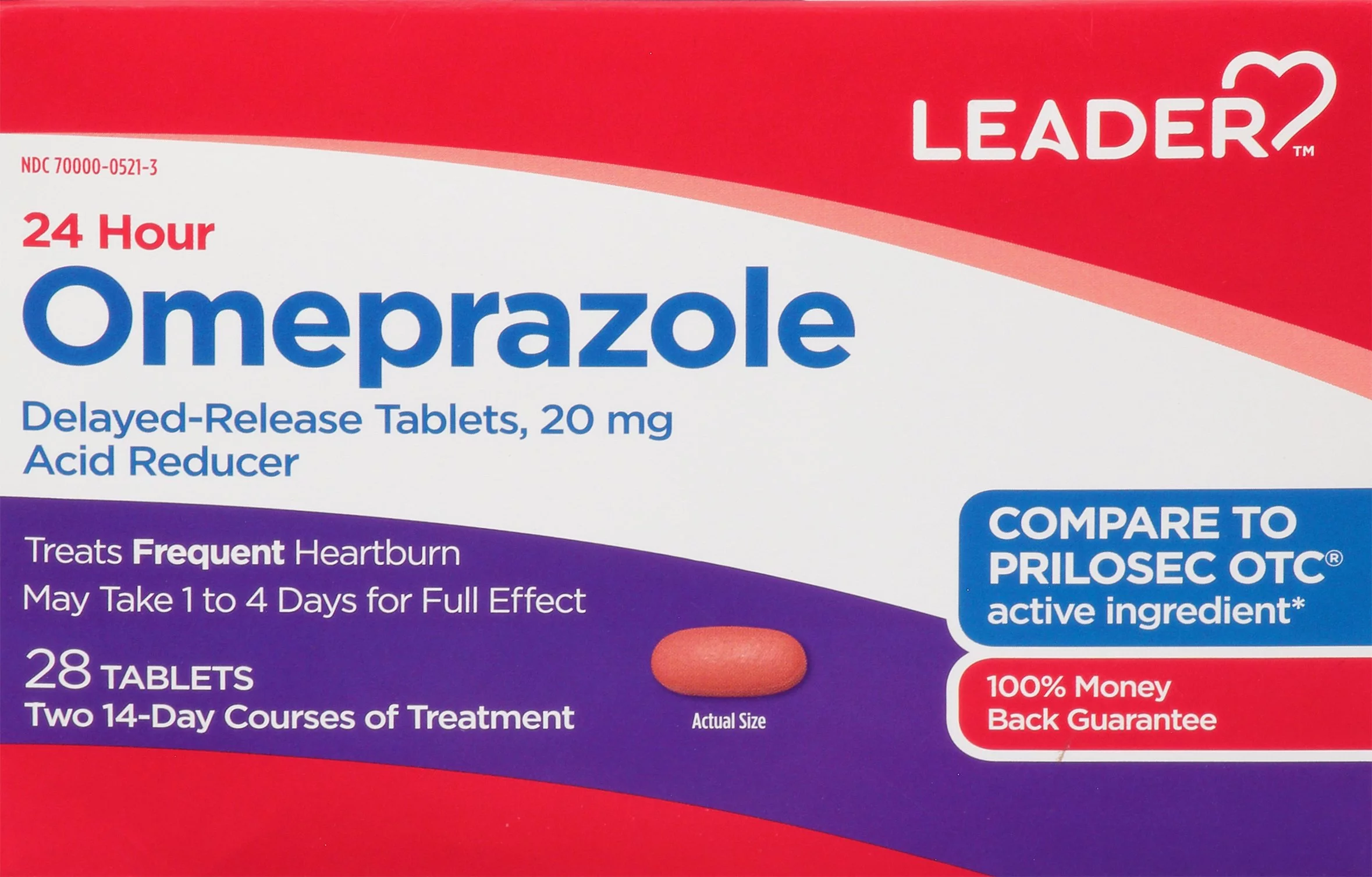 Leader 24 Hour Omeprazole 20mg, 28 tablets, delayed release