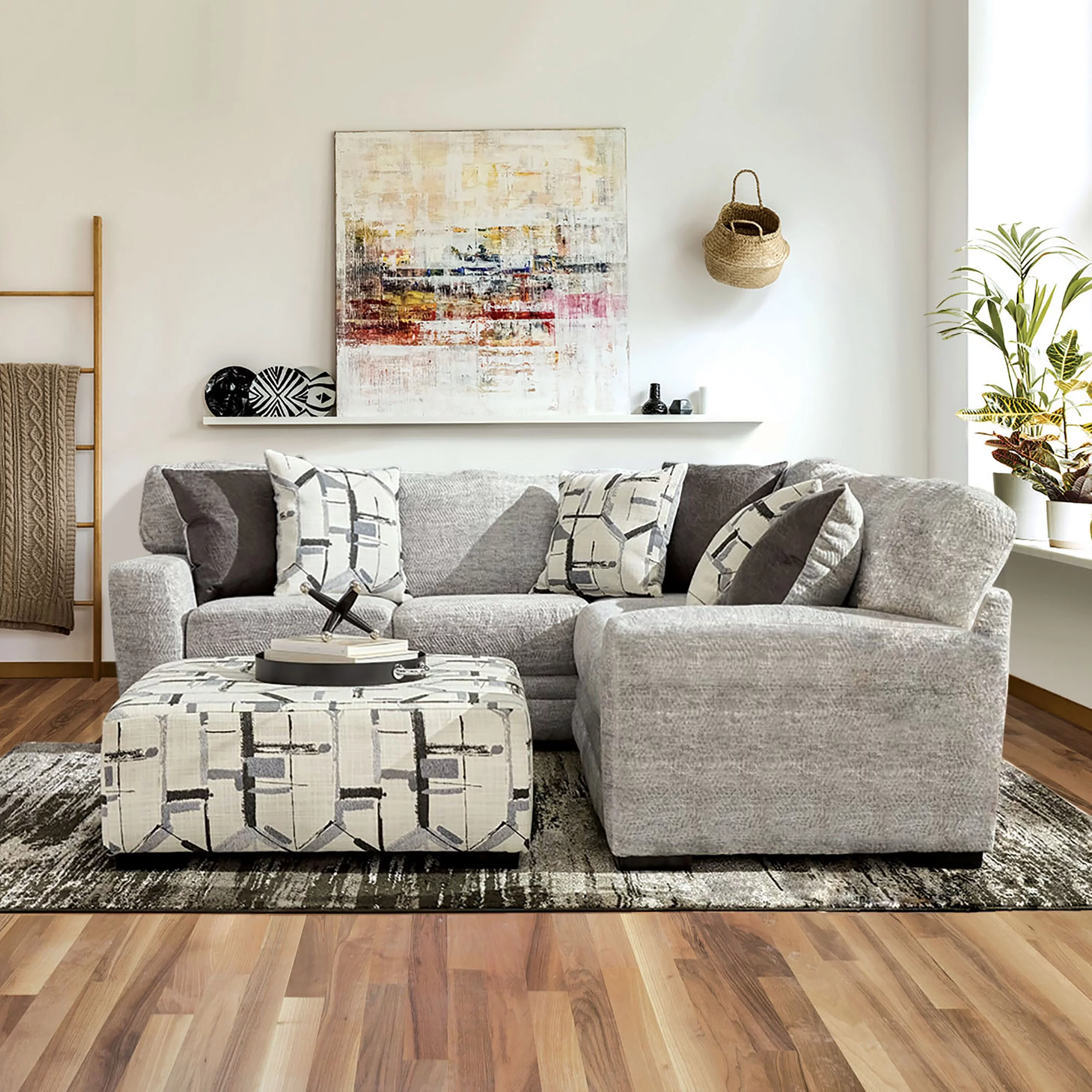 Furniture of America Falsaya Transitional Grey Chenille Padded L-Shaped Sectional by