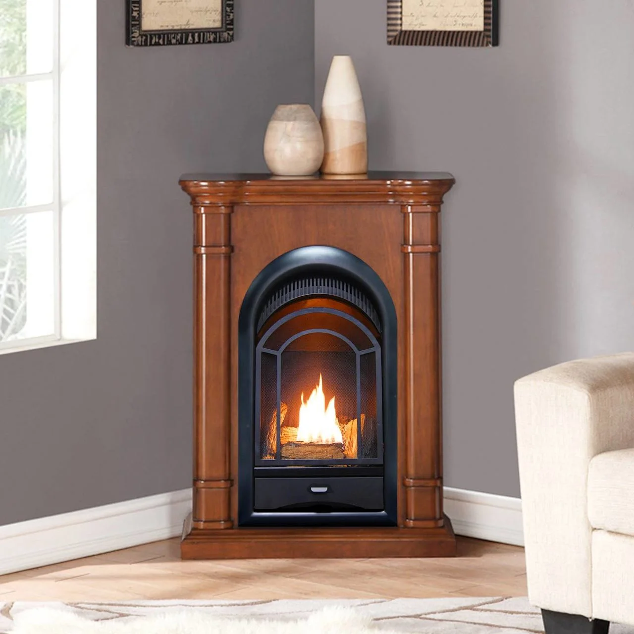 ProCom FS100T-3AS Ventless Fireplace System 10K BTU Duel Fuel Thermostat Insert and Apple Spice Mantel