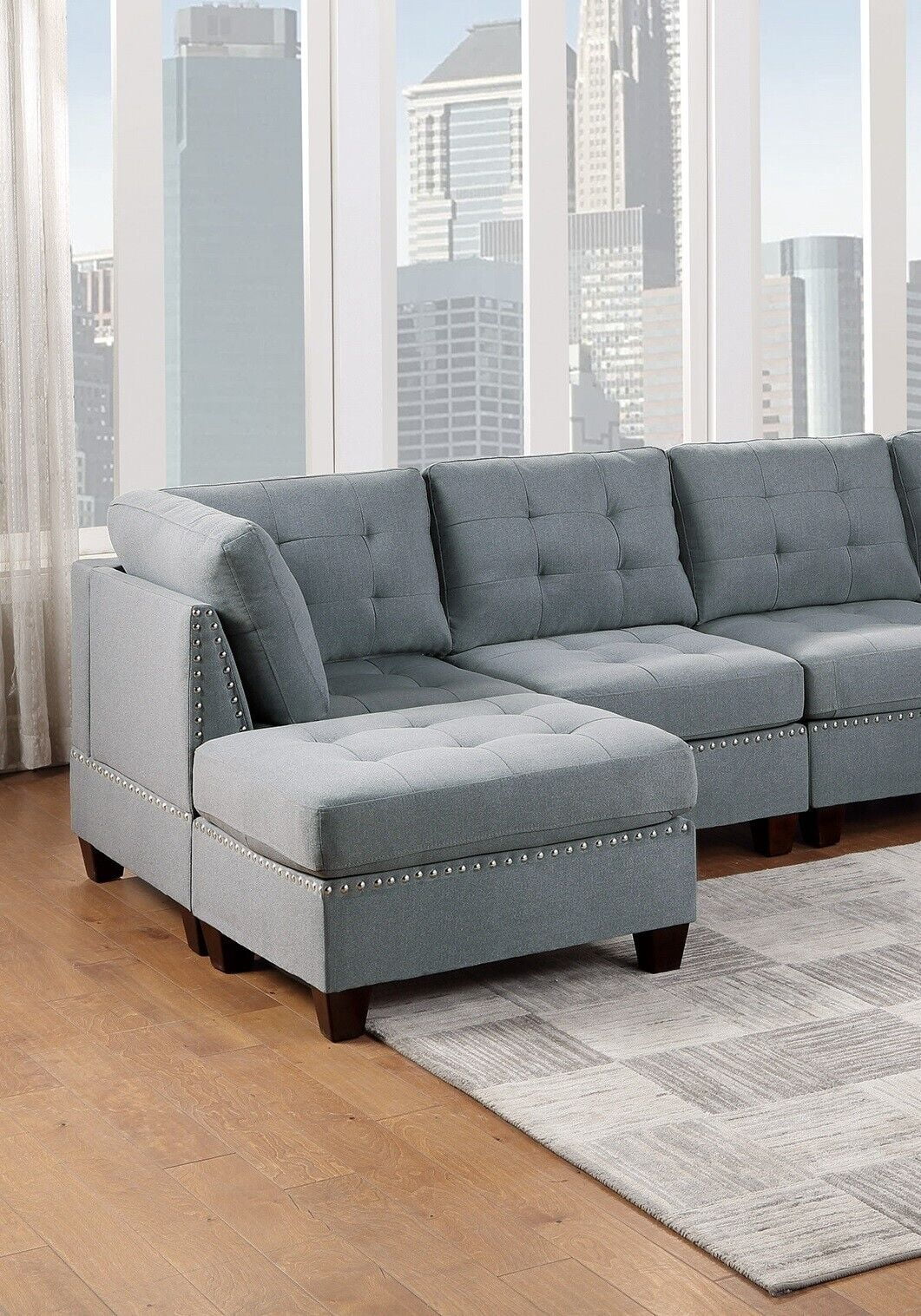Contemporary Living Room Gray Fabric Tufted Cushion 6pc U- Sectional 2x Corner Wedge 2x Armless Chairs 2x Ottomans Couch