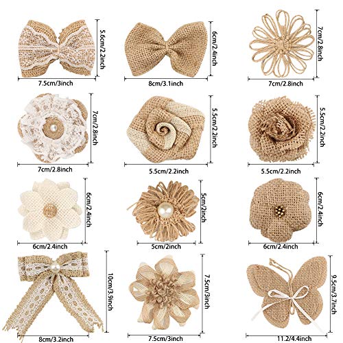 30PCS Burlap Hessian Flowers Set, Include 24 Burlap Flowers and Bowknots, 5 Lace Burlap Ribbon Rolls,1 Twine Ribbon and Glue Point for Wedding Party Decor Home Embellishment DIY Crafts