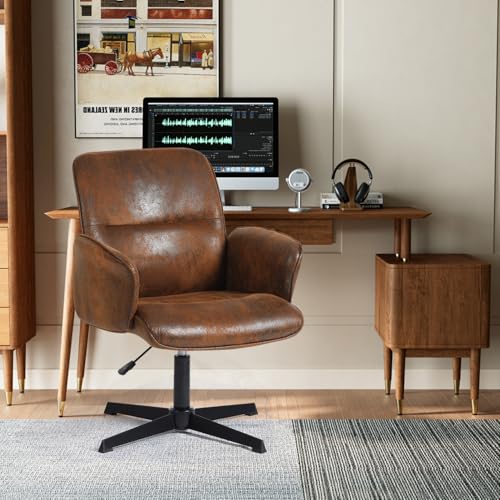 FurnitureR Home Office Desk Chair Comfy Ergonomic Padded Linen Fabric Upholstered，Adjustable Swivel Mid-Back Stylish Accent Vanity Chair, No Wheels, Beige