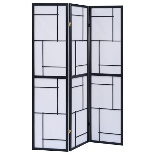 Coaster Home Furnishings - Damis - Solid Wood - 70-Inch 3-Panel Room Divider Folding Shoji Screen with White Paper Panels and Geometric Design - Living Room & Bedroom - Black and White - 900102