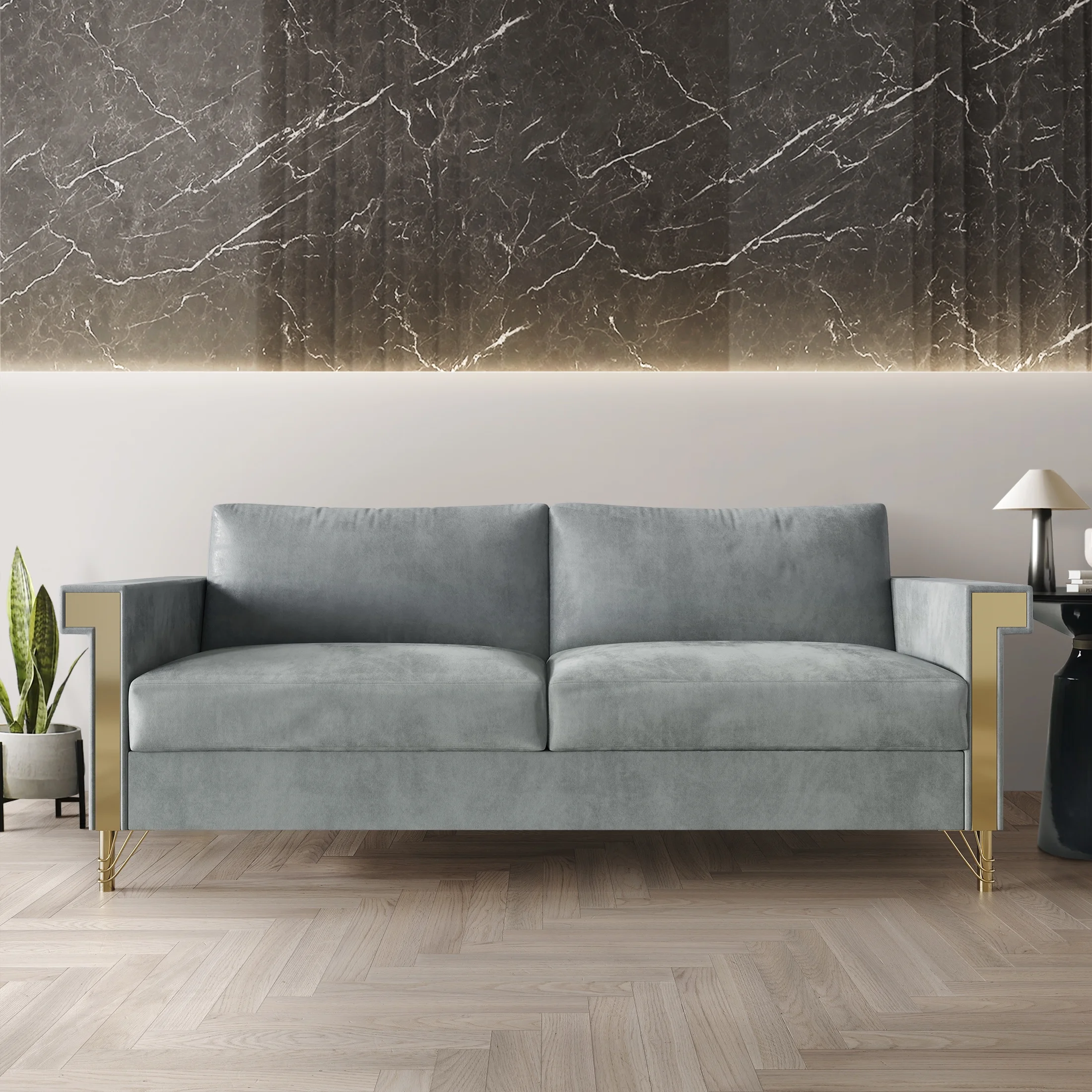 Castle Place Comtemporary Glam Velvet Upholstered Sofa, Silver Grey