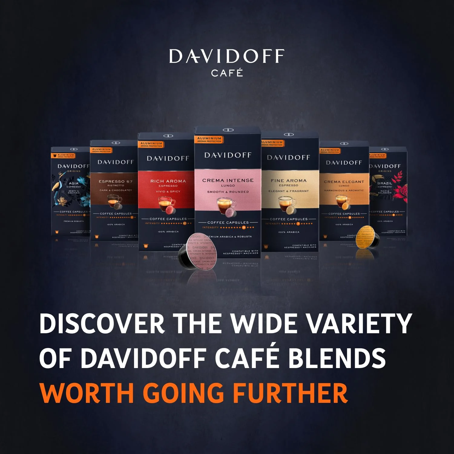 DAVIDOFF Espresso 57 Coffee Capsules. Nespresso Machine Compatible - Dark and Chocolatey - 100% Arabica Beans - 11/12 Intensity. 12/12 Roasting. 2/12 Acidity - 10 x 10 Capsules - 1.94 oz