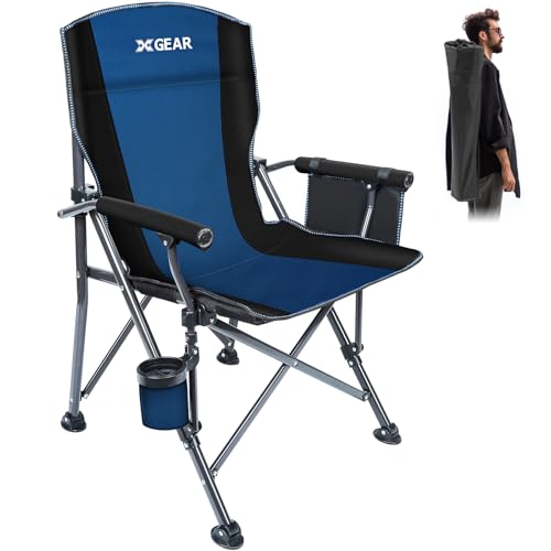 XGEAR Camping Chair with Padded Hard Armrest, Sturdy Folding Camp Chair with Cup Holder, Storage Pockets Carry Bag Included, Support to 400 lbs