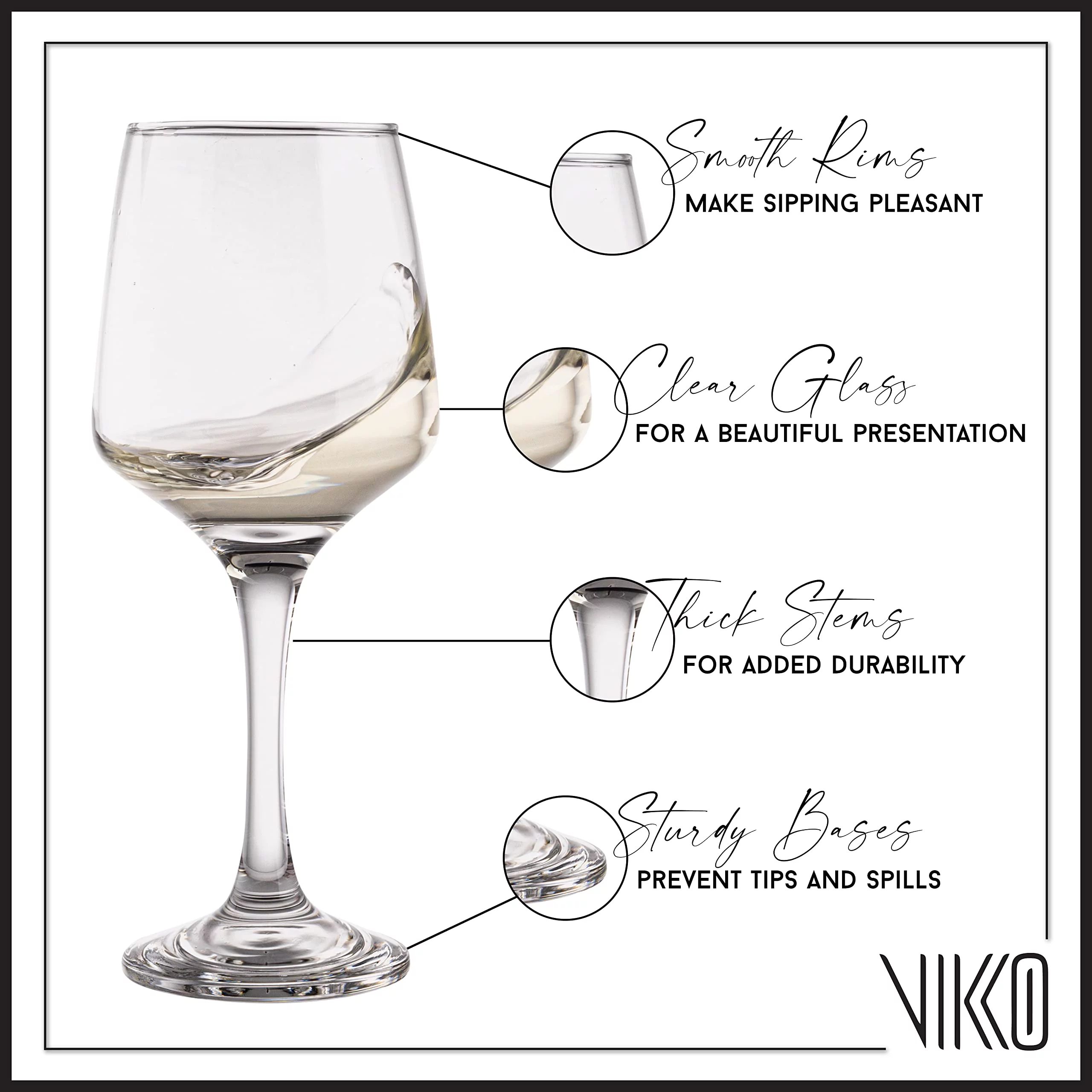 Vikko 9.5 Ounce Wine Glasses | Beautifully Shaped  Thick and Durable Construction  For Parties, Entertaining, and Everyday Use  Dishwasher Safe  Set of 6 Clear Glass Wine Glasses  2.4 Diameter x