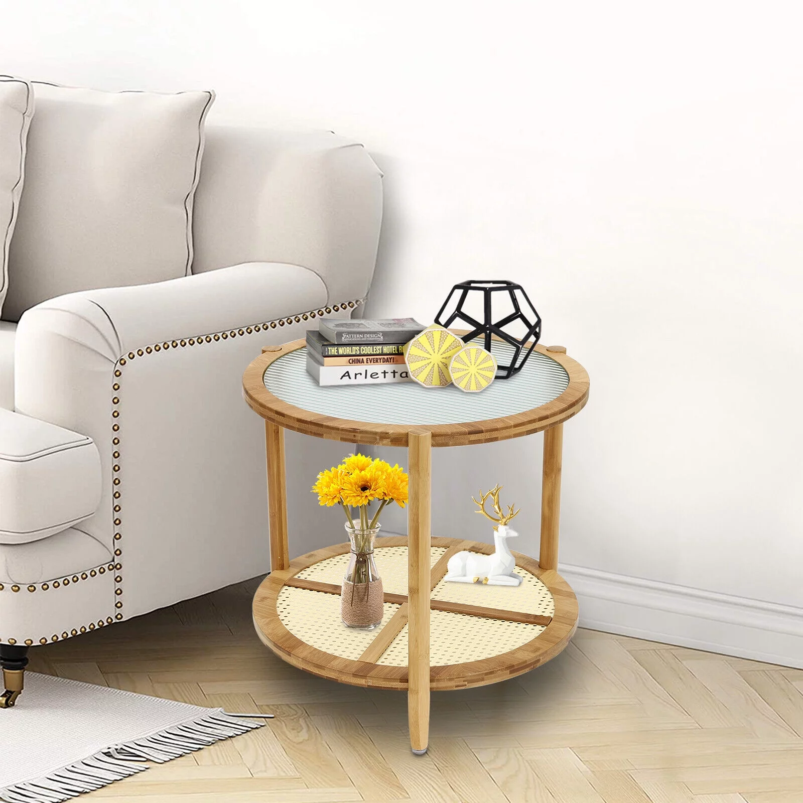 2-Tier Sofa Side End Table Round Nightstand Coffee Table for Living Room Bedroom