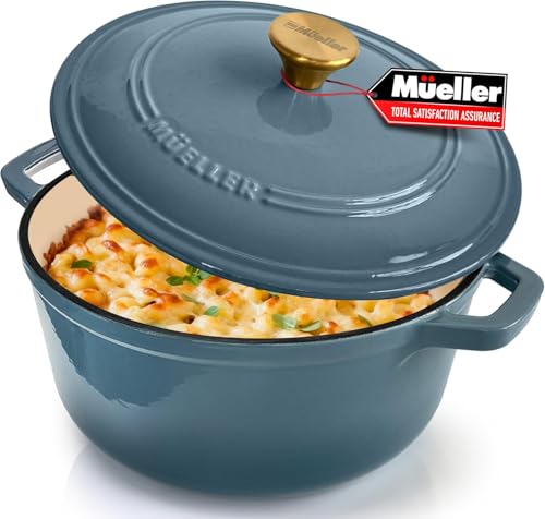 Mueller 6qt Enameled Cast Iron Dutch Oven, Heavy-Duty Casserole and Braiser Pan with Lid and Knob, Oven-Safe up to 500° F & Across All Cooktops, White