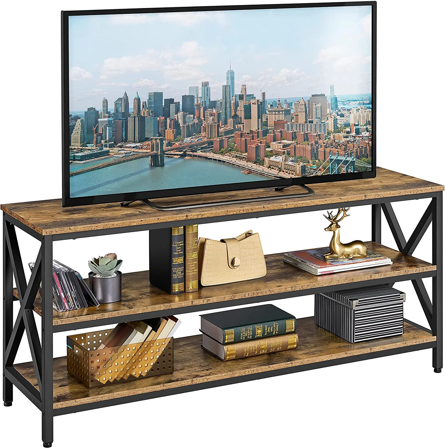 Industrial TV Stand for up to 70 Inches  63 Inch Entertainment Center with Storage Shelf for Living Room  3 Tiers TV Console Table with Metal Support  Modern Home Furniture  Rustic Brown