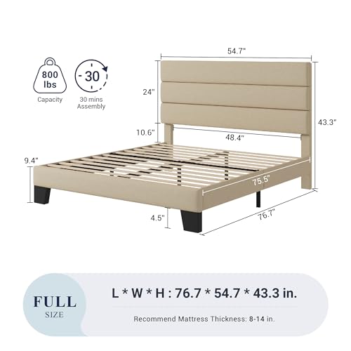 Allewie Queen Size Platform Bed Frame with Fabric Upholstered Headboard and Wooden Slats Support, Fully Upholstered Mattress Foundation/No Box Spring Needed/Easy Assembly, Beige