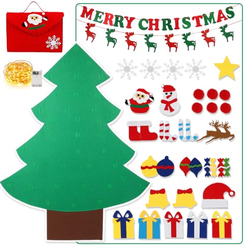 yazi 4ft DIY Felt Christmas Tree with Light for Kids Wall 45pcs Detachable Ornaments Storage Bag Banner Toddler Felt Christmas Craft Kits Wall Decor Door Hanging Xmas Gifts
