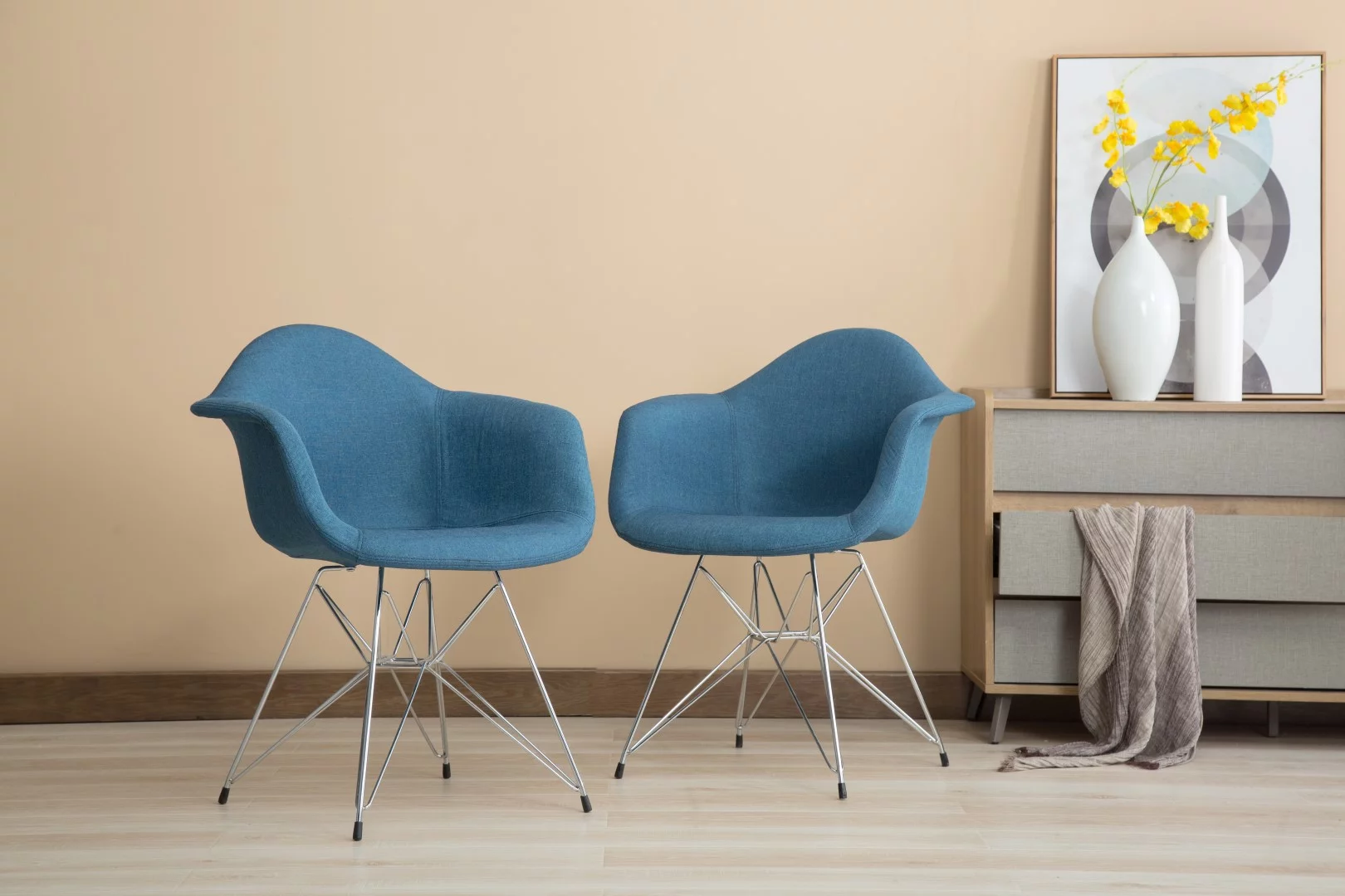 Porthos Home Upholstered Dining Chairs Set of 2 Dining Room Chair with Arms, Chrome Metal Legs and a Beautiful Blue Fabric Eames Style Armchair for Living Room Dining Room Furniture