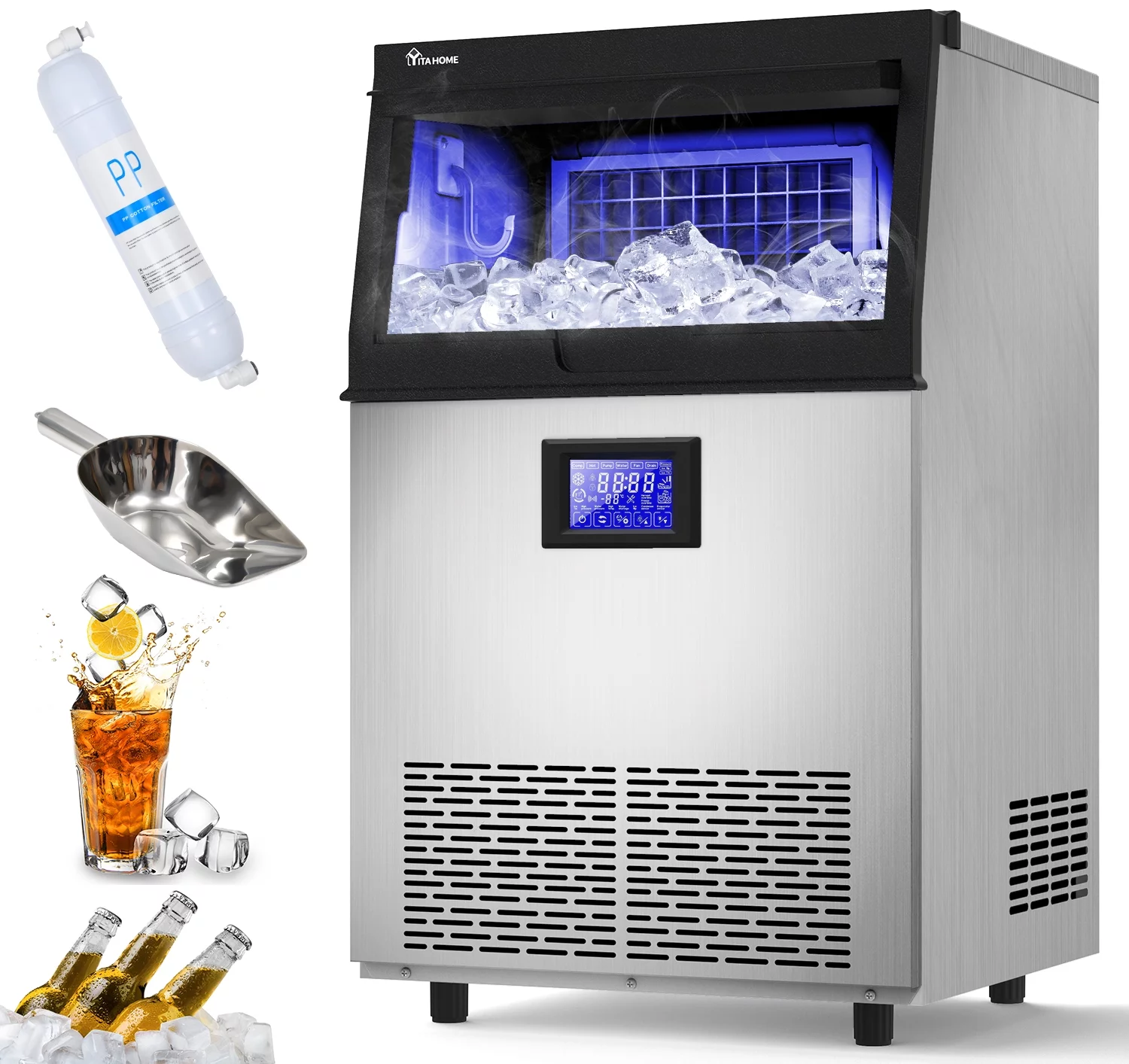Dextrus Upgraded Commercial Ice Machine, 150LBS/24H Ice Maker with 33LBS Storage Bin, LCD Panel with Blue Light & Stainless Steel Scoop for Restaurant, Home, Bars, Coffee Shop(55PCS)