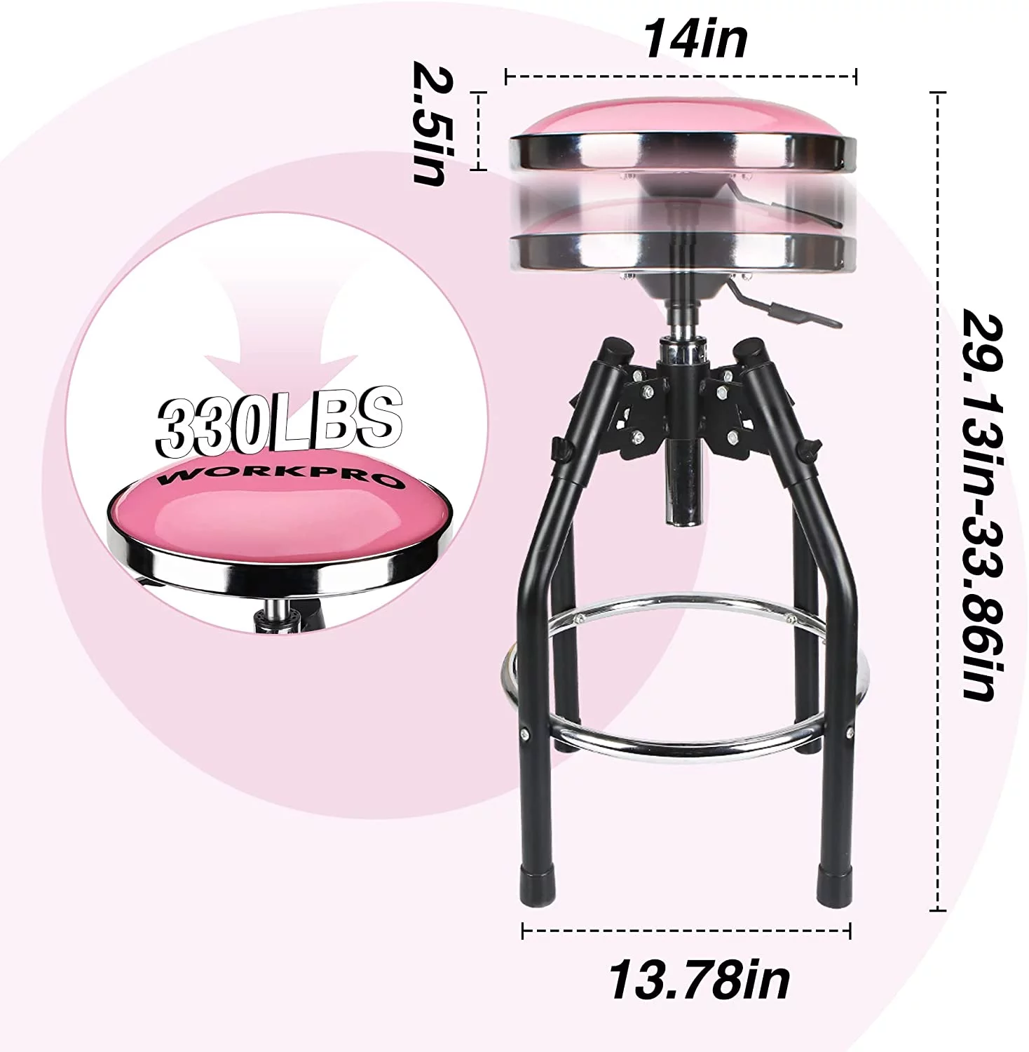 WORKPRO Heavy Duty Adjustable Hydraulic Shop Stool,Garage Bar Stool, 29in to 33. 86in, 330-Pound Capacity, Pink