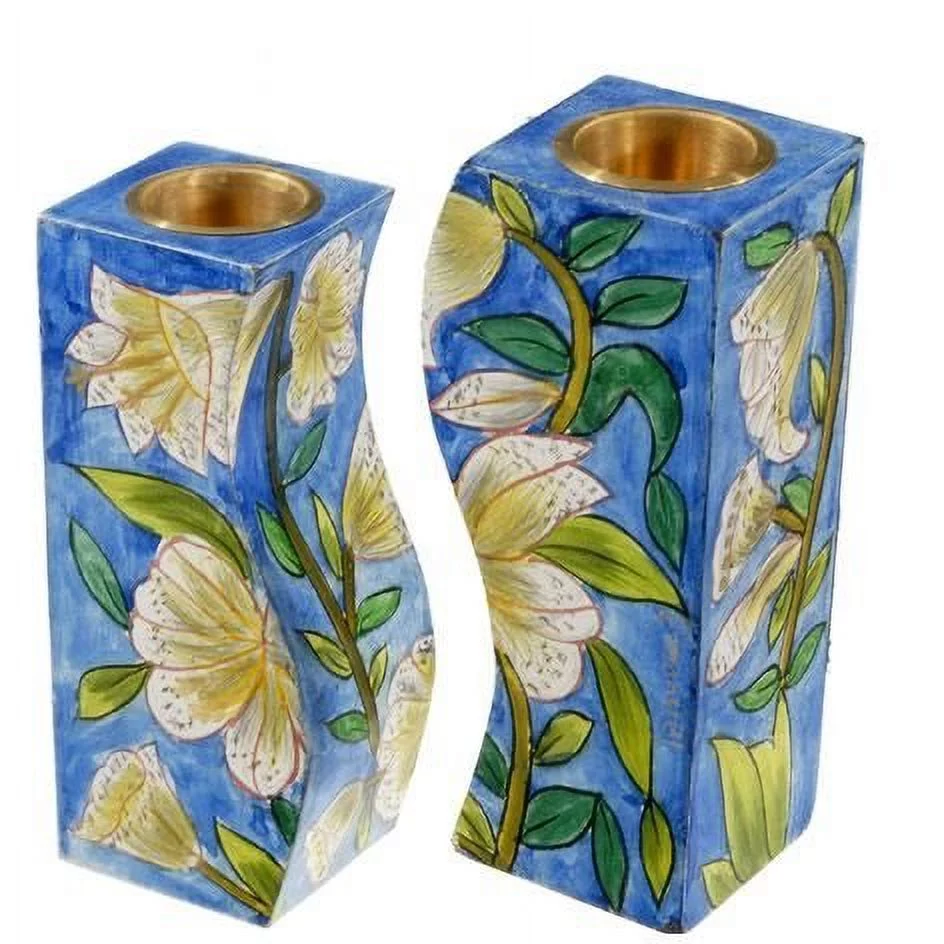 Lilies, Floral Hand painted Shabbat Candlesticks by Yair Emanuel