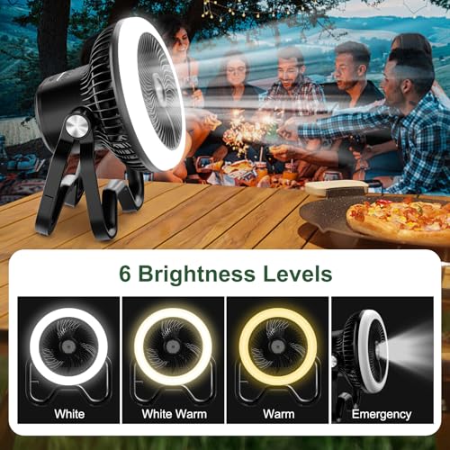 Portable Rechargeable Camping Fan with LED Lantern-40Hrs, Battery Operated Oscillating Fan with Remote, 3 Speeds for Tents, Outdoor, RV, Outage（Black）