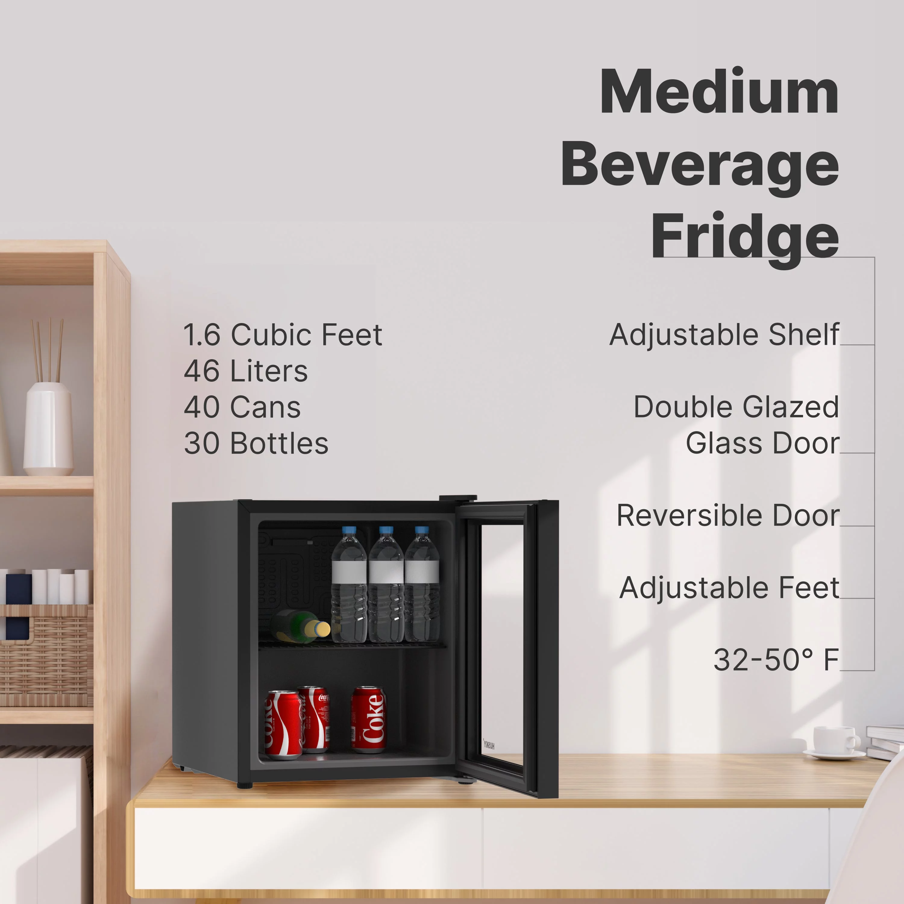 Husky 46L Reversible Glass Door Beverage Refrigerator 1.6 Cu Freestanding Countertop Mini Fridge in Black, New