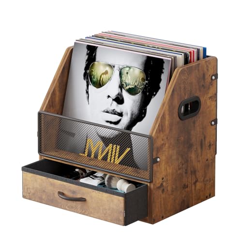 Vinyl Record Storage with Drawer, Vinyl Record Box Case Crate, Desktop Metal & Wooden LP Record Crate, Holds up to 60 Records (Antique)