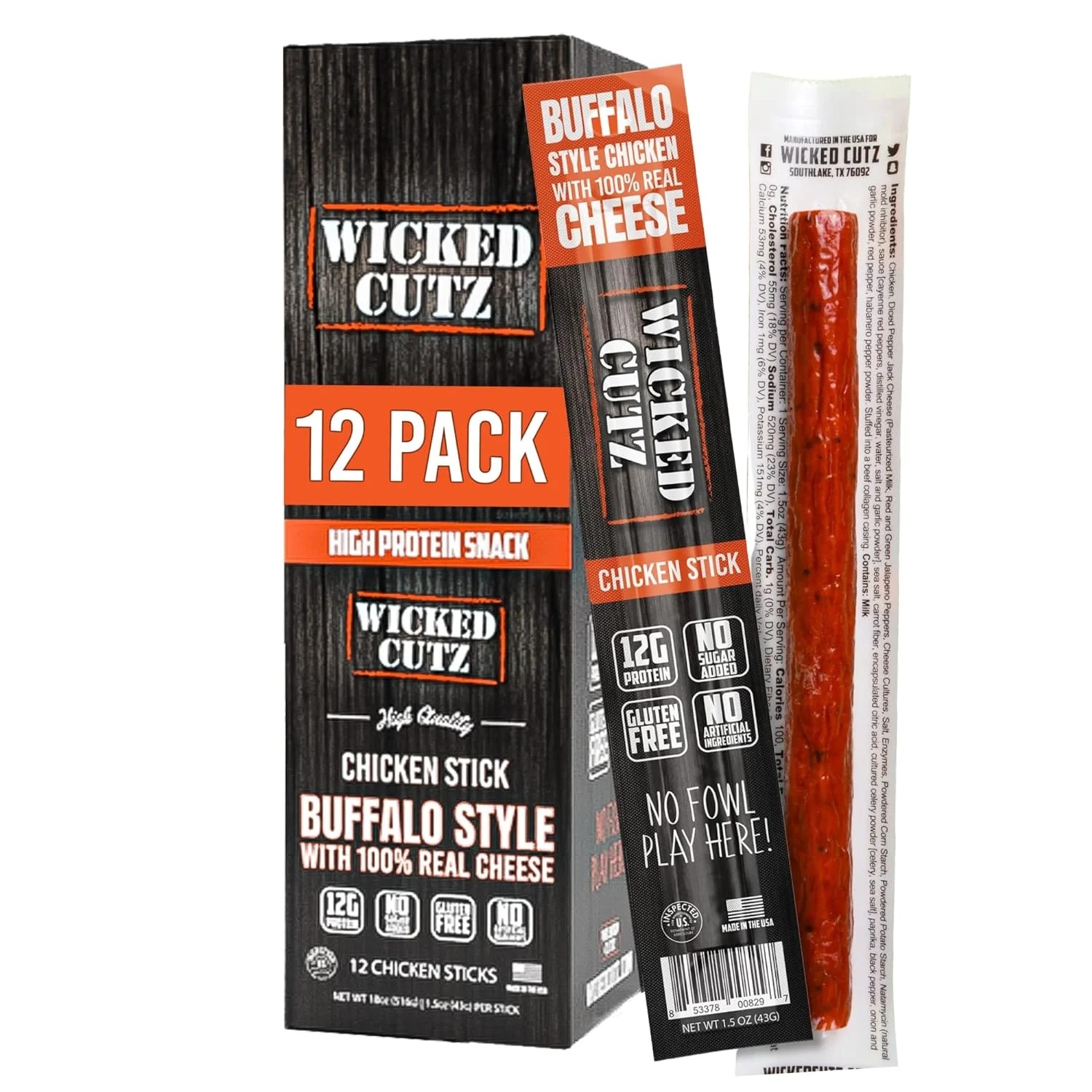 Wicked Cutz Premium Chicken Jerky Sticks, High Quality, Protein-Rich, Buffalo, 1.5 oz, 12-Pack