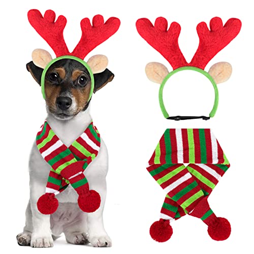 BWOGUE Dog Christmas Reindeer Elk Antlers Headband and Red-White-Green Striped Scarf Set Pet Christmas Costume Dog Costumes Accessories for Dogs and Cats
