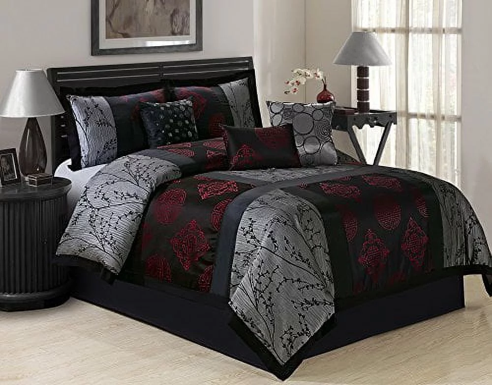 7 Piece SHANGRULA Big Square Patchwork Jacquard Clearance bedding Comforter Set Fade Resistant, Wrinkle Free, No Ironing Necessary, Super Soft, All Sizes Queen King CalKing (Queen, Gray/Red)