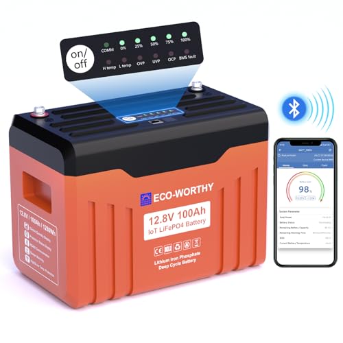 ECO-WORTHY 12V 100AH LiFePO4 Lithium Battery with Bluetooth, Max.1280Wh Energy, Low Temperature Protection, Group 24, Built-in 100A BMS, Perfect for Trolling Motor, RV, Boat, Solar Off-Grid
