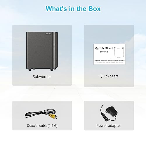 BESTISAN Powered Subwoofer, Deep Bass Sub, Down Firing Subs, Easy Setup with Home Theater System, Receiver, Speakers, Coaxial Cable Included, RCA, LFE, AUX Input, High-Level Speaker Input & Output