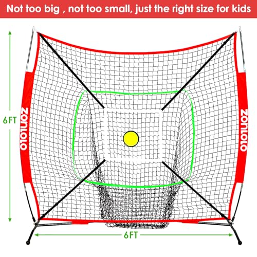 6x6ft Portable Baseball & Softball Net for Hitting and Pitching, with Sturdy Bow Frame and Carry Bag, Special Circular Target and Strike Zone for Accurate Throwing Practice, Great for Kids