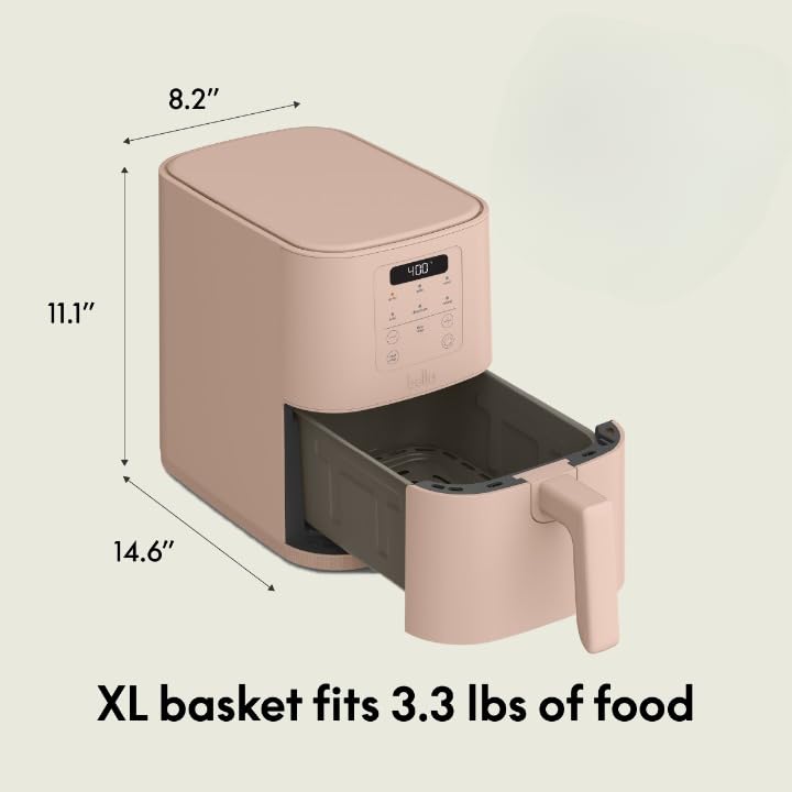 bella 4Qt Slim Air Fryer, Fits-anywhere™ Kitchenware, EverGood™ Ceramic Nonstick Coating, Adjustable Temperature, 6 Preset Cooking Options, 60 Min Auto Shutoff w Audible Tone, 3.3lb Capacity, Oatmilk