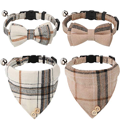 Weewooday 4 Pieces Bow Tie Cat Collar Bandana, Breakaway Pet Tie Bandana with Classic Plaid Adjustable Cat Collar with Scarf and Bowtie Bell for Girl Boy Pet Kitten Cat Puppy Small Dog