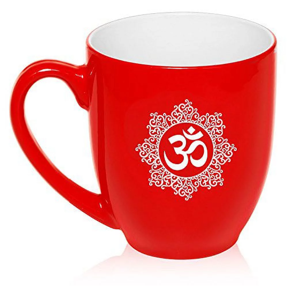 16 oz Large Bistro Mug Ceramic Coffee Tea Glass Cup Yoga Floral (Red)