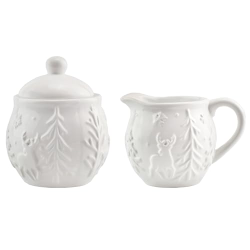 AuldHome Design Reindeer Christmas Tree Platter; Ceramic Embossed White Serving Tray