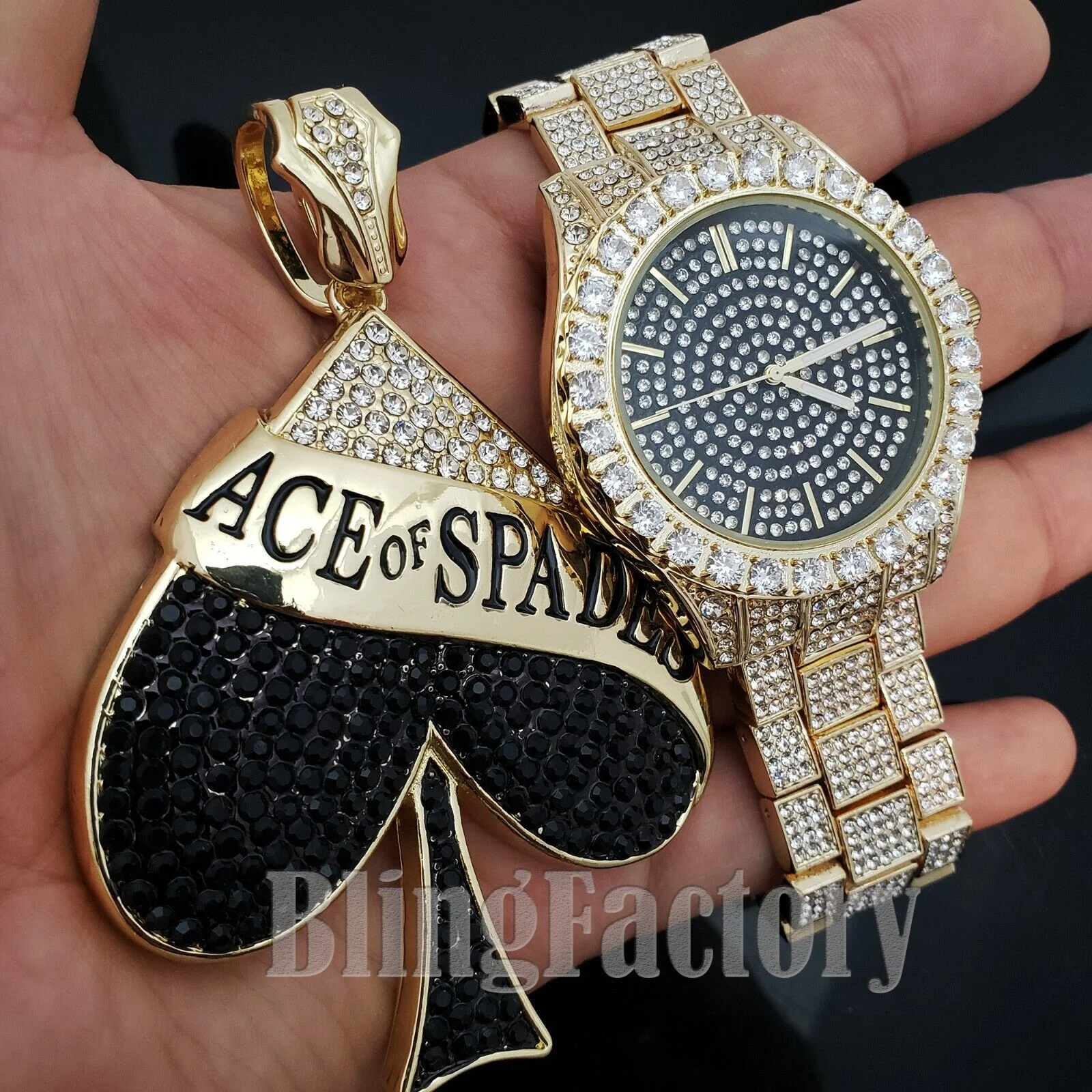 MEN ICED HIP HOP GOLD PT FASHION WATCH & ACE of SPADES BLING PENDANT COMBO SET