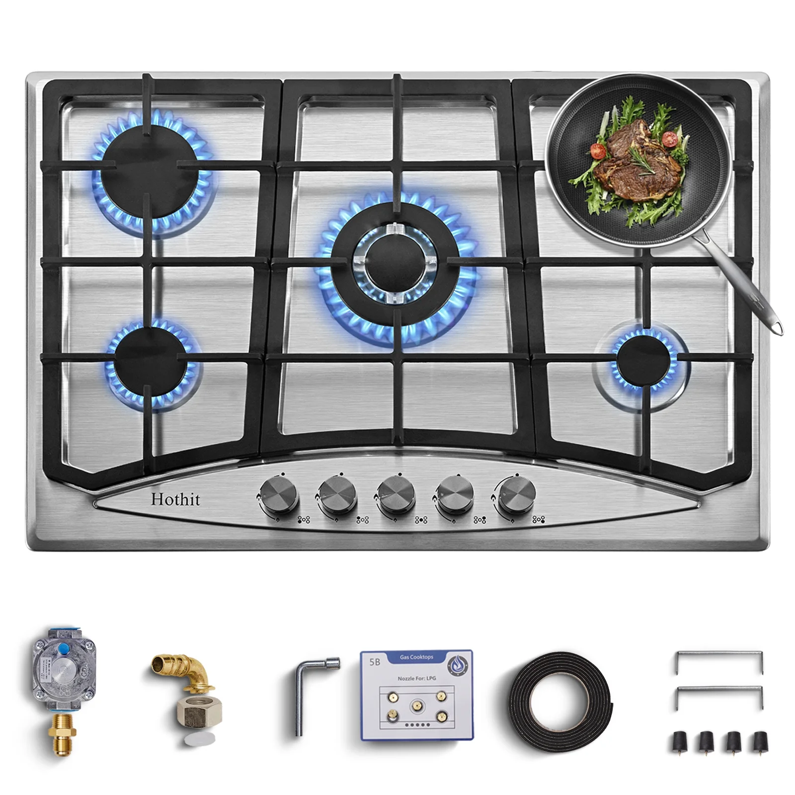30 inch Propane Gas Cooktop，5 Burner Built-in Stainless Steel Gas Stove Top, LPG/NG Dual Fuel, Include Gas Pressure Regulator Gas Range