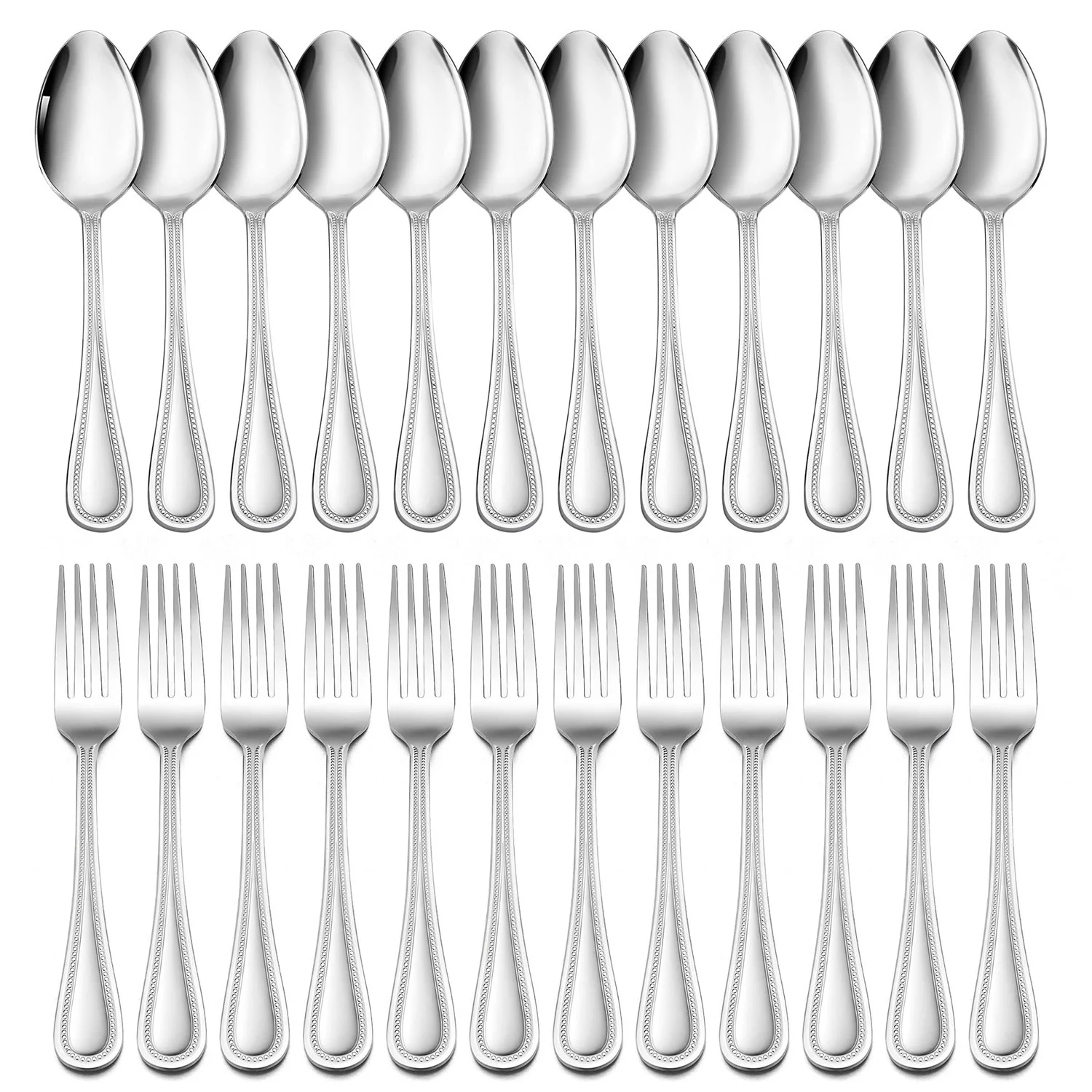 Walchoice 24-Piece Fork and Spoon Set, Stainless Steel Silverware Flatware Set for Party Wedding Banquet, Metal Eating Utensils Include 12 Dinner Fork & 12 Dinner Spoon - Pearled Edges