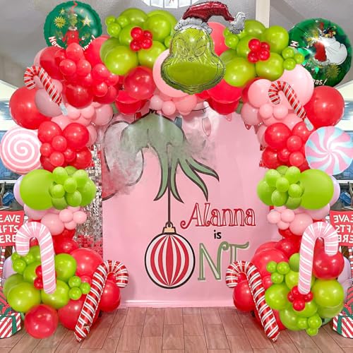 Pink Christmas Balloon Garland Arch Kit Xmas Pink Green Balloon Arch with Candy Mylar Balloons for Kids Party Grinchmas Party Christmas Birthday Decorations New Year Decor
