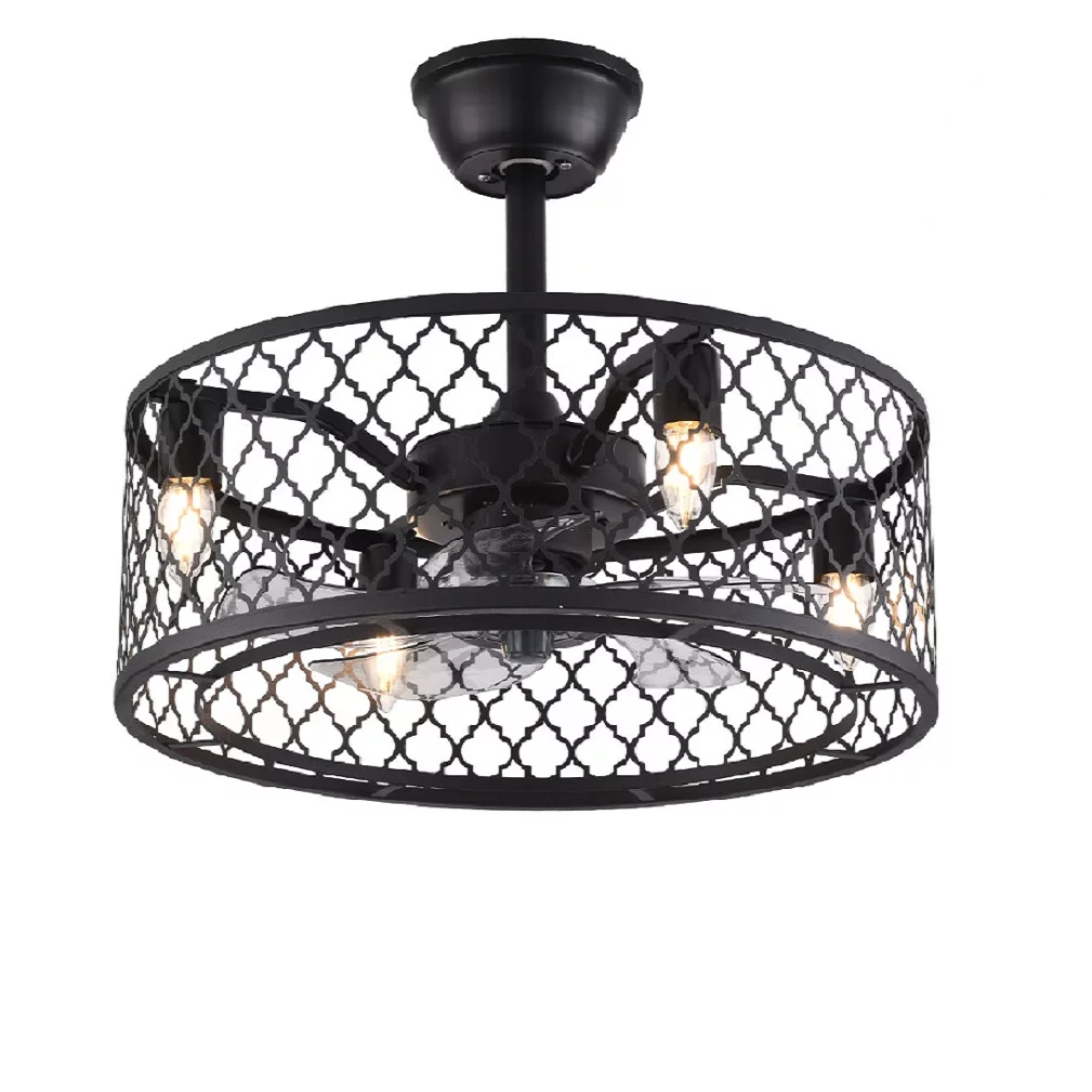 20 inch Industrial Ceiling Fan with Light and Remote, 5-Blades Caged 4-Light Iron Shade Chandelier Ceiling Light Fixture for Indoor Kitchen Bedroom Matte Black