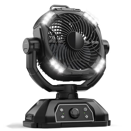 Rechargeable Camping Fan 30000mAh with RGB Lantern, 0-100 Wind Speeds Portable Battery Operated Oscillating with LED Display, 360° Airflow Tent Beach Cordless Travel Fans for Outdoor Home Office