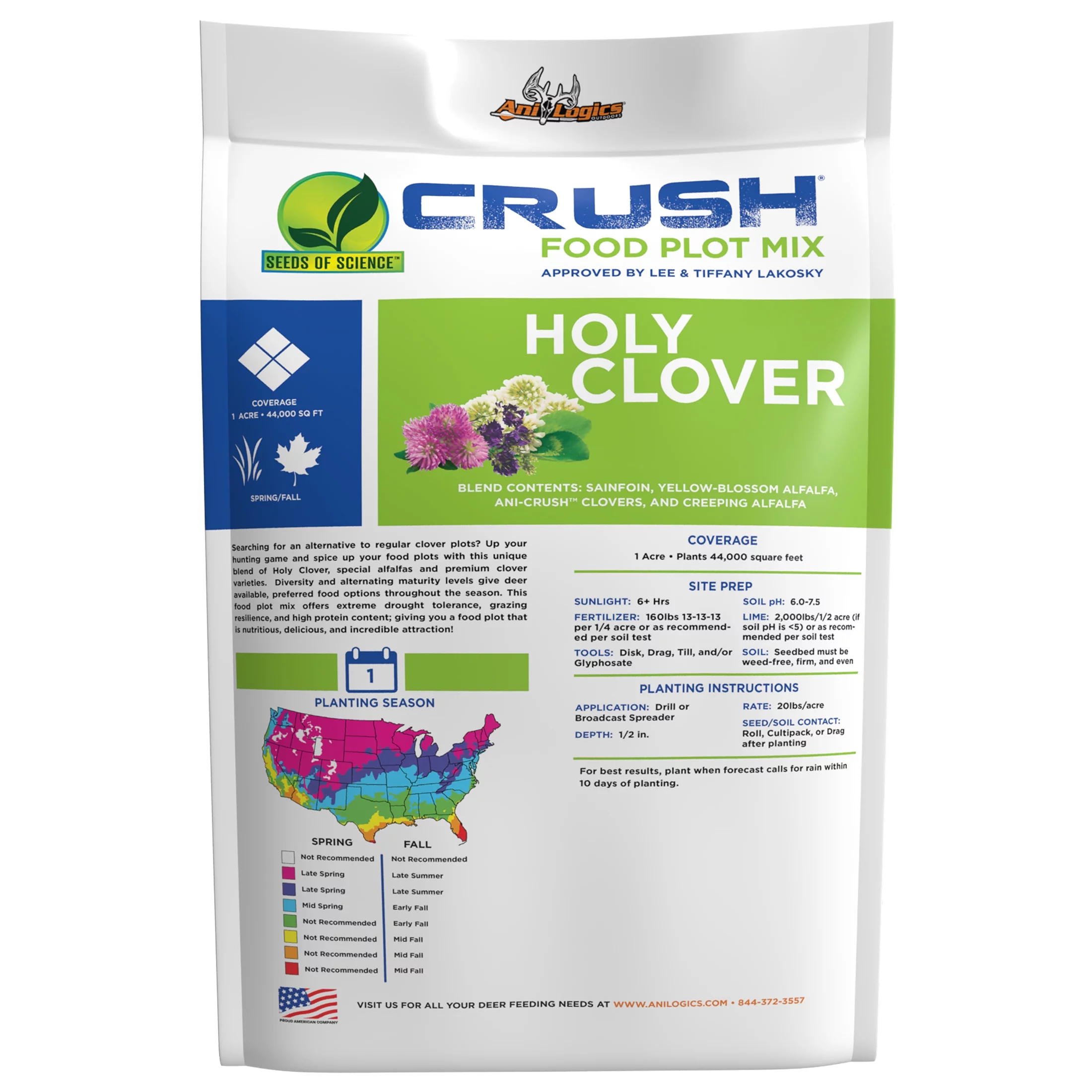 Ani-Logics Outdoors Whitetail Deer Food Plot Crush Seeds of Science Holy Clover, 20lb Bag
