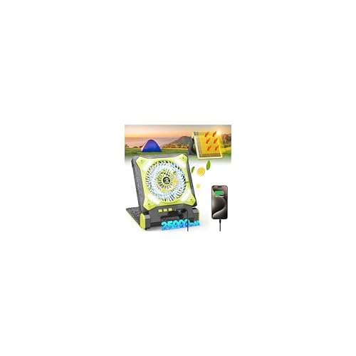 Solar Powered Camping Fan,Portable Rechargeable Battery Powered Travel Fan with LED Lantern,Beach Essentials for Hurricane Emergencies, Hiking,Worksite Cooling
