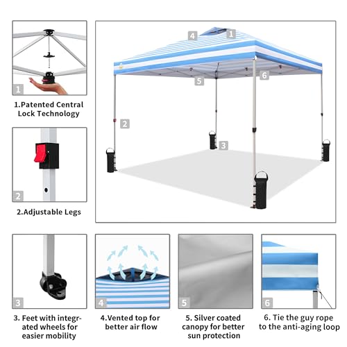 CROWN SHADES 10x10 Pop Up Canopy - Beach Tent with One Push Setup - Easy Outdoor Sun Shade for Events, Parties, Camping - Gazebo with STO-N-Go Cover Bag, Silver Coated Top, White