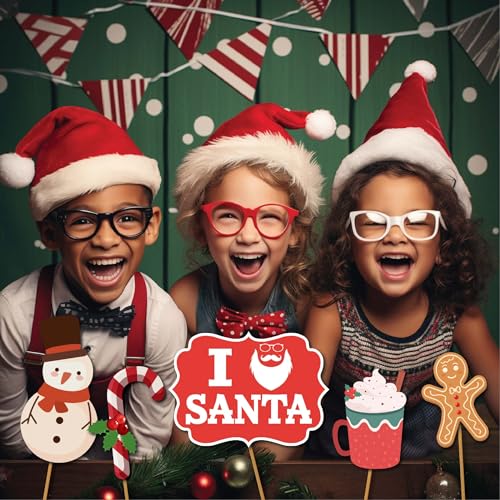 Christmas Photo Booth Props - 41-pc Photobooth Kit with 8 x 10-Inch Sign, 60 Adhesive Pads, 45 Sticks - Christmas Photobooth Props - Holiday Photobooth Prop