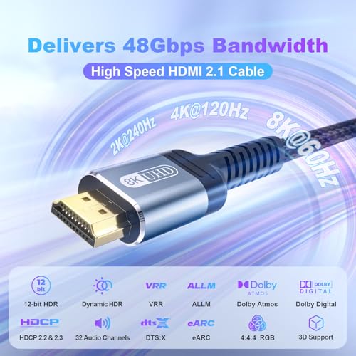 8K Fiber Optic HDMI Cable 50ft, 48Gbps Long HDMI 2.1 Cable 8K@60Hz/4K@120Hz, Ultra HD HDR, eARC, Directional (Source to Display), for PS5 4 3/Xbox/TV/Monitor/Laptop/Projector/Blu-ray