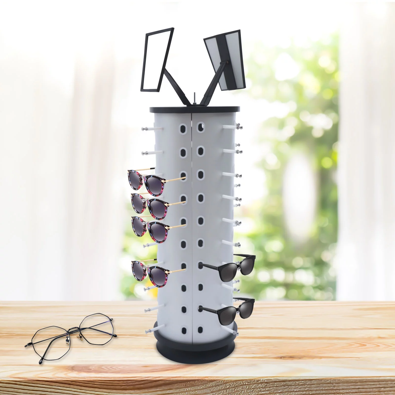 Loyalheartdy 360° Rotating Sunglasses Display Stand Freestanding 40 Pairs Sunglasses Holder Storage Rack 9.06*9.06*27.56In
