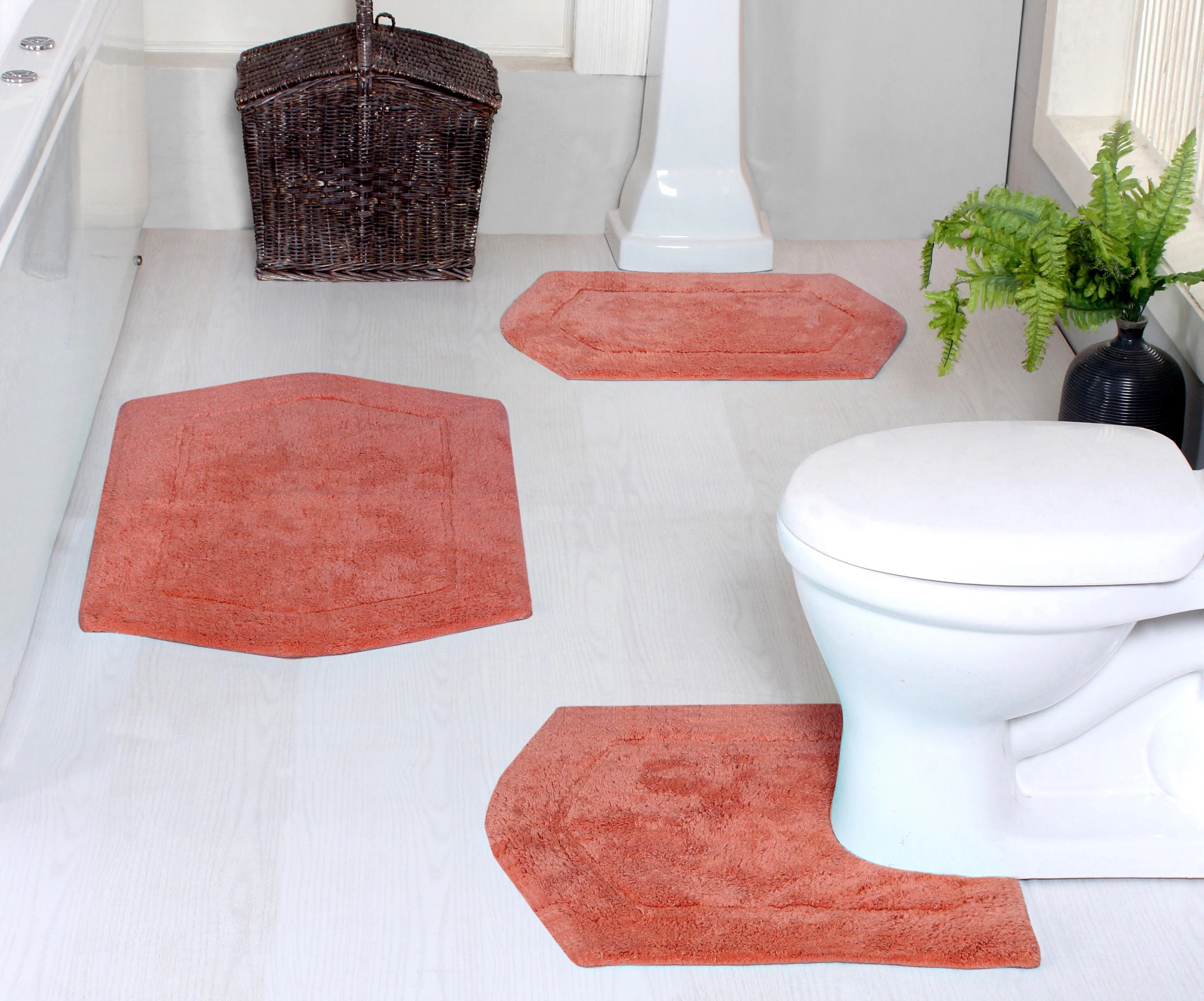 Home Weavers Waterford Collection 100% Cotton Tufted Bath Rug, Extra and Absorbent Bath Rugs, Non-Slip Bath Carpet, Machine Wash Dry, bath rugs for Bathroom Floor, 3 Piece Set with Contour, Coral Rug