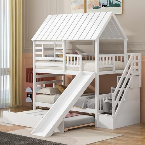 Merax Twin Over Twin House Bunk Bed, Wooden Bed Frame with Trundle and Slide, Storage Staircase, Roof and Window Design, Gray