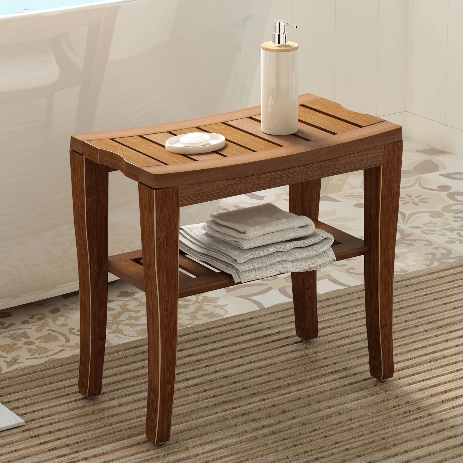Soges Wood Bathroom Bench Bamboo Shower Stool Non-slip Waterproof Shower Seat, Coffee