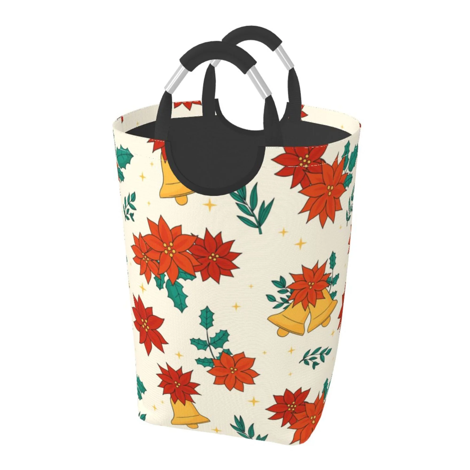 XMXY Christmas Flower Bells Leaves Rectangular Laundry Basket Organizer, Collapsible Tall Clothes Hampers for Laundry with Handles